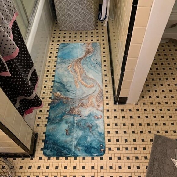 NEW Bath Rug Runner Luxury Turquoise Marble Velvet Bath Mat 18x47 inch Non-Slip - Picture 10 of 10